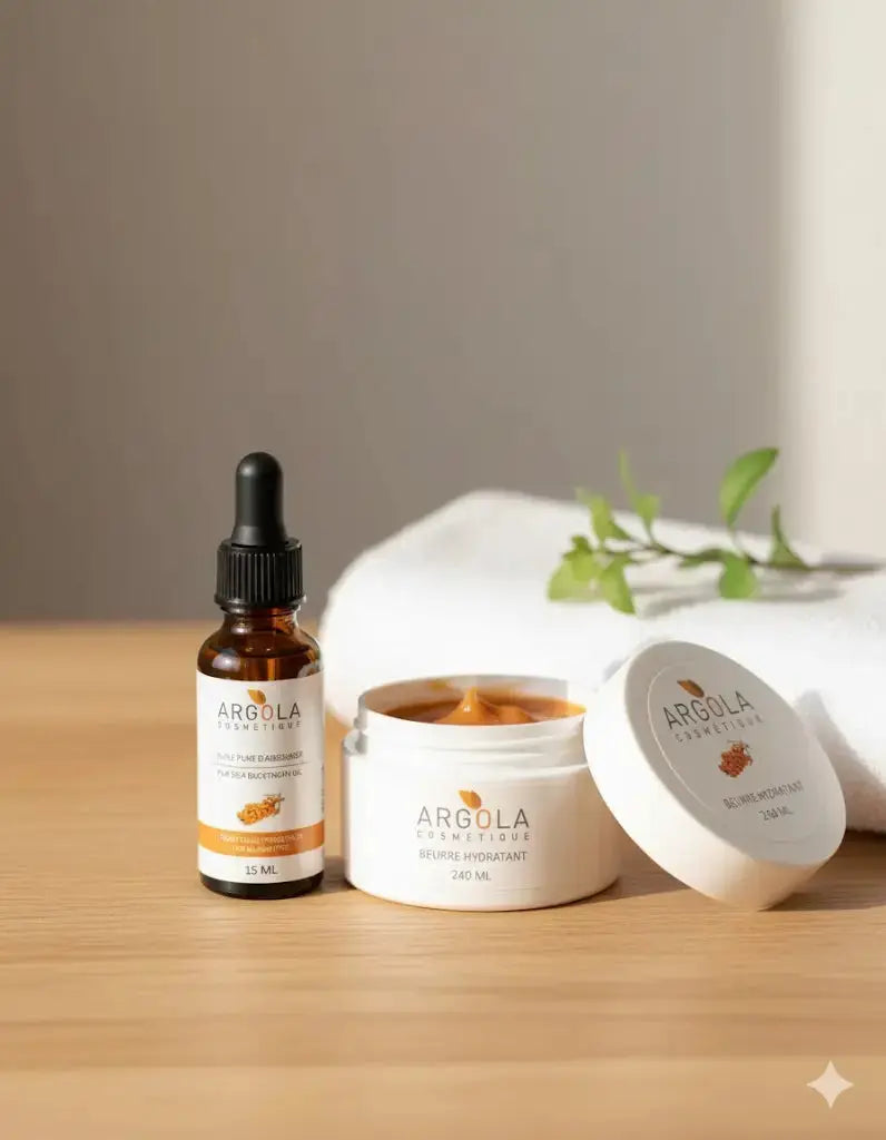 Duo Argola-Huile d'argousier +beurre hydratant pour peau sèche, eczéma