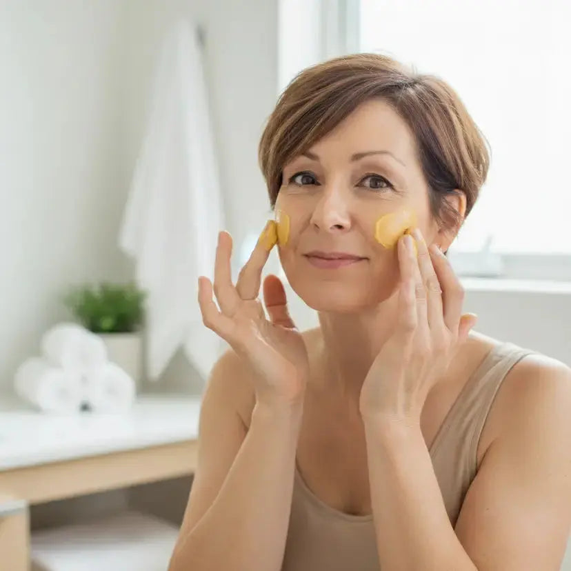 Femme appliquant une crème visage peau sèche