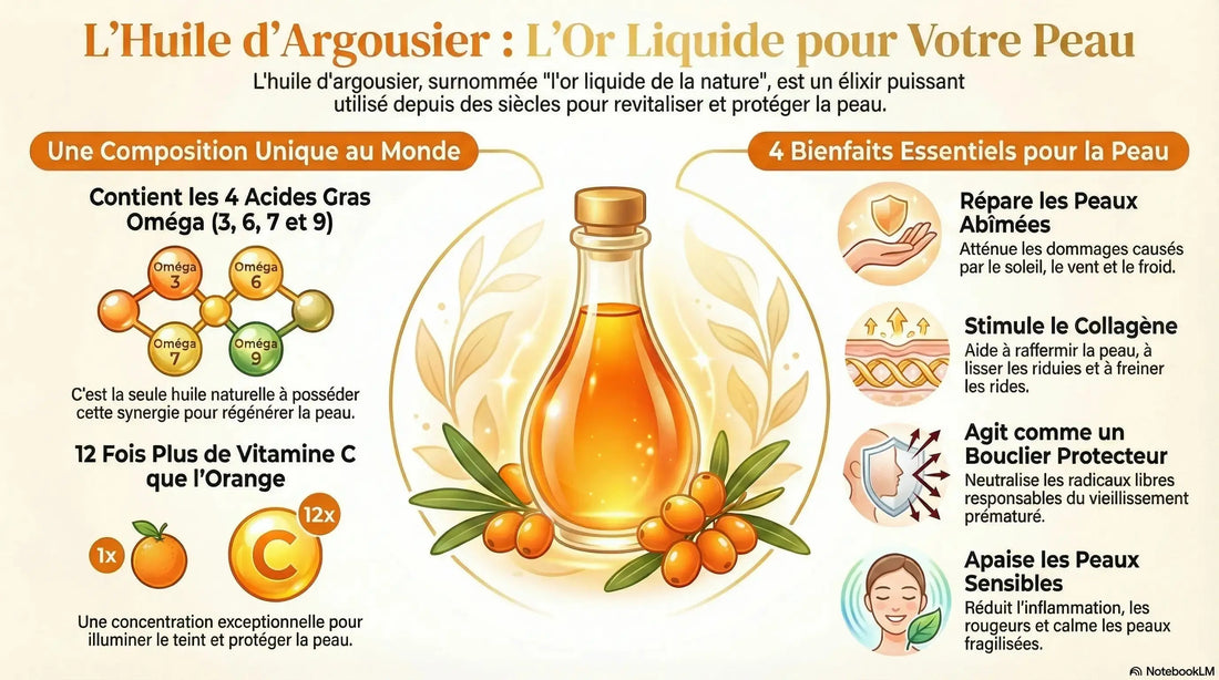 Infographie huile d'argousier bienfaits peau : 4 omégas, vitamine C, propriétés anti-âge et réparatrices