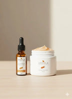 Duo Argola avec huile d’argousier 15 ml et beurre hydratant 120 ml pour peaux sèches, sensibles et eczéma, posés sur une table en bois avec fond beige.